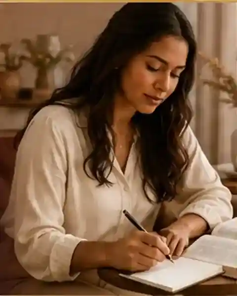 Mulher cristã escrevendo em um caderno durante um momento de reflexão e direção.
