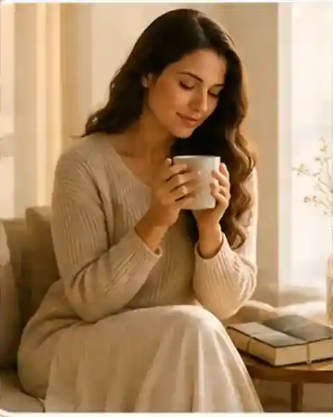 Mulher em ambiente acolhedor segurando uma xícara durante um momento de descanso e reflexão.