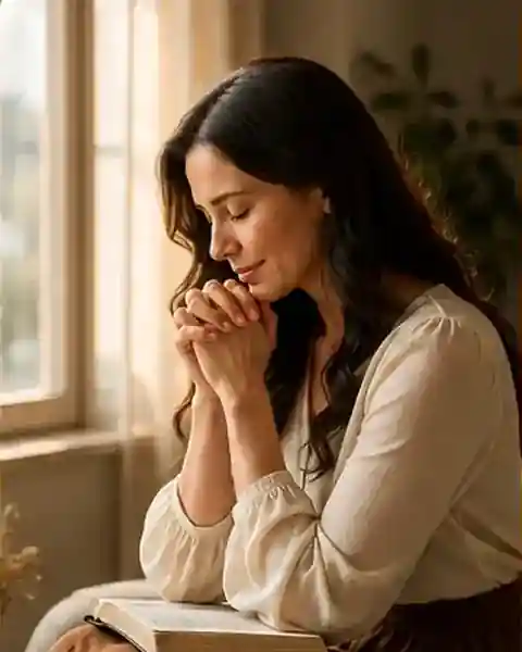 Mulher cristã em postura contemplativa durante um momento sereno de recomeço.